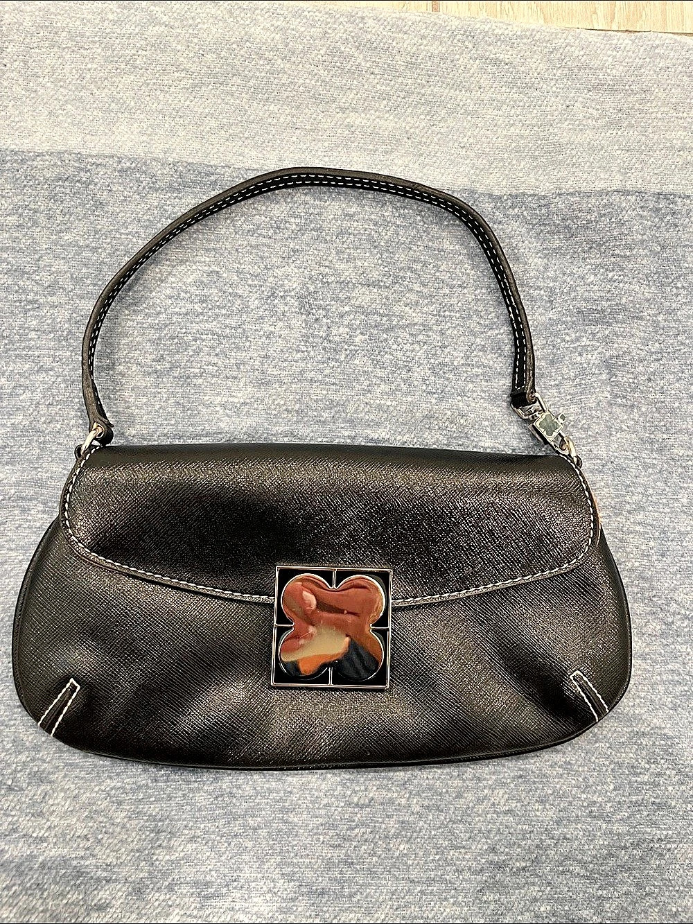 Liz Claiborne Black Shoulder Bag Vintage-Silver Hardware White Stitching